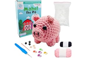 Crochet Kit for Beginners – DIY Craft Kit for Adults | Mabel The Pig Amigurumi Stuffed Animal Kit with Yarn, Crochet Hooks, E