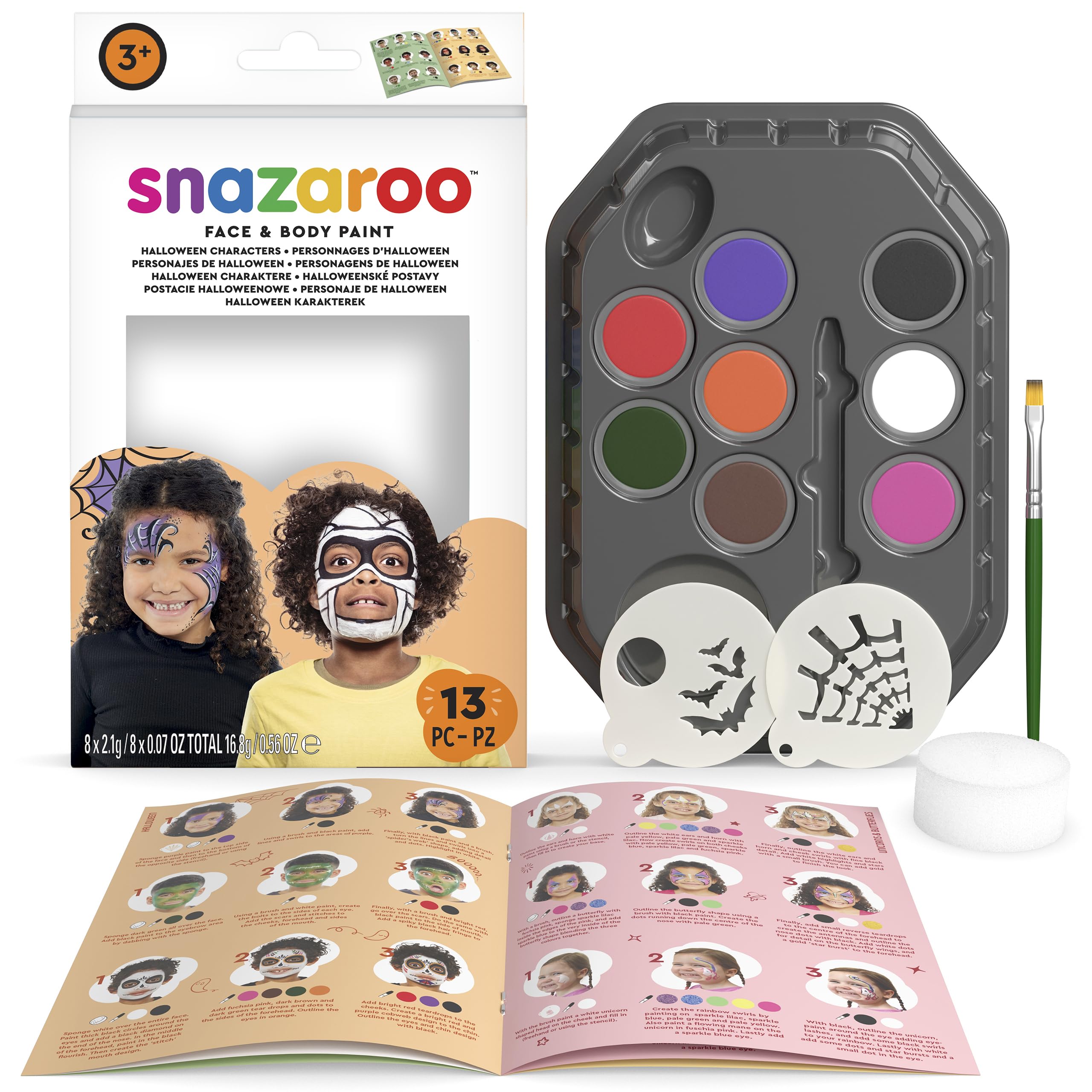Snazaroo Halloween Face Painting Palette Kit for Kids & Adults, 8 Colours, 13pcs, Stencils, Brush, Sponge, Guide, Water Based, Easily Washable, Non-Toxic, Makeup, Body Painting & Parties
