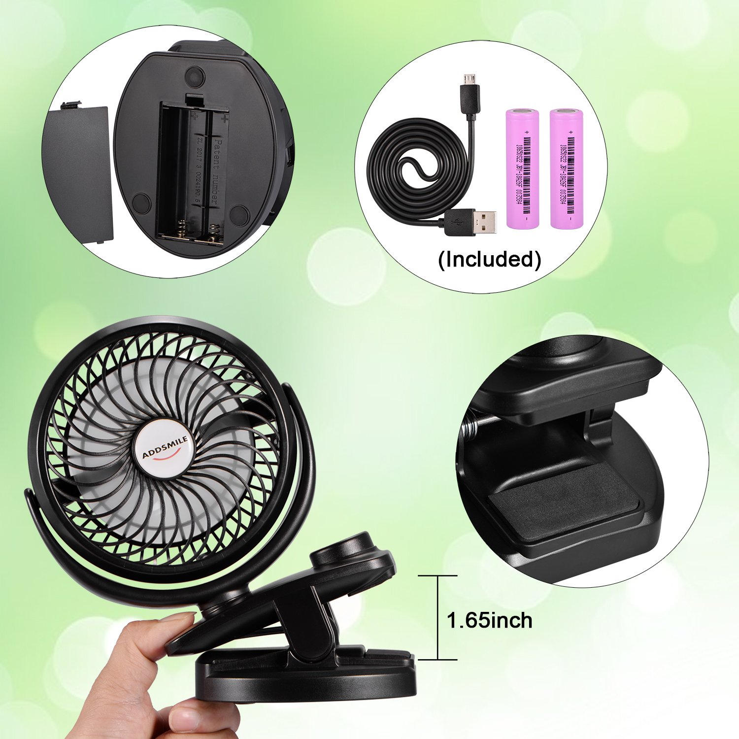 Rechargeable Battery Operated Clip Fan, Portable Clip on USB Desk Fan, ADDSMILE 4400mAh Battery/USB Powered Personal Mini Fan for Baby Stroller/Office/Gym/Beds/Car/Traveling/Camping(6~40h) (Mini)