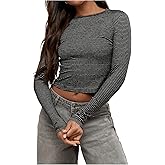 SOLY HUX Women's Long Sleeve Crop Tops Striped Crew Neck Fitted T Shirts Going Out Outfit