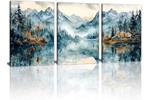 WENGTIAO 3Pcs Blue Ridge Mountains Forests Canvas Wall Art for Bedroom, Natural Lake Landscape Wall Painting, Green Pines Trees Wall Decor Artwork for Living Room Kitchen Office Decor Ready To Hang 12"x16"x3