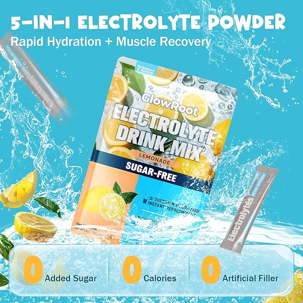 GLOWROOT DAILY ELECTROLYTE DRINK – LEMONADE FLAVOR, 30 STICKPACKS * 5G – HYDRATION PACKETS WITH 7 ELECTROLYTES & MINERALS – NON- GMO, KETO FRIENDLY, & SUGAR-FREE ELECTROLYTE POWDER – 150G