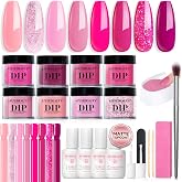 AZUREBEAUTY Dip Powder Nail Starter Kit with Matte Coat, 8 Hot Pink | Glitter Neon Color, Dipping Powder Liquid Set with Base/Top Coat/ Activator/10 Nail Sticks Salon Valentine's Day Gift