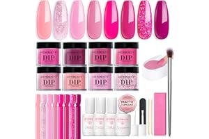 AZUREBEAUTY Dip Powder Nail Starter Kit with Matte Coat, 8 Hot Pink Glitter Neon Summer Color, Dipping Powder Liquid Set with Base/Top Coat/ Activator/10 Nail Sticks Salon at Home