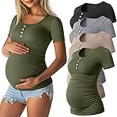 Sweetyweee 4 Pack Womens Maternity Shirts Scoop Neck Cotton Short Sleeve Ribbed Pregnancy Top Henley Side Ruched Mama Clothes