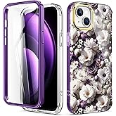 Hocase for iPhone 14 Case/iPhone 13 Case, (with Built-in Screen Protector) Shockproof Slim Soft TPU+Hard Plastic Full Body Protective Case for iPhone 14/iPhone 13 (6.1") - White Flowers
