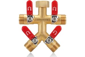 ZAAKWANG Garden Hose Splitter, 4-Way Full Flow Outdoor Faucet, Heavy Duty Brass Hose Manifold Wiht Red Long Handle, High Flow Faucet Adapter, 3/4-Inch GHT