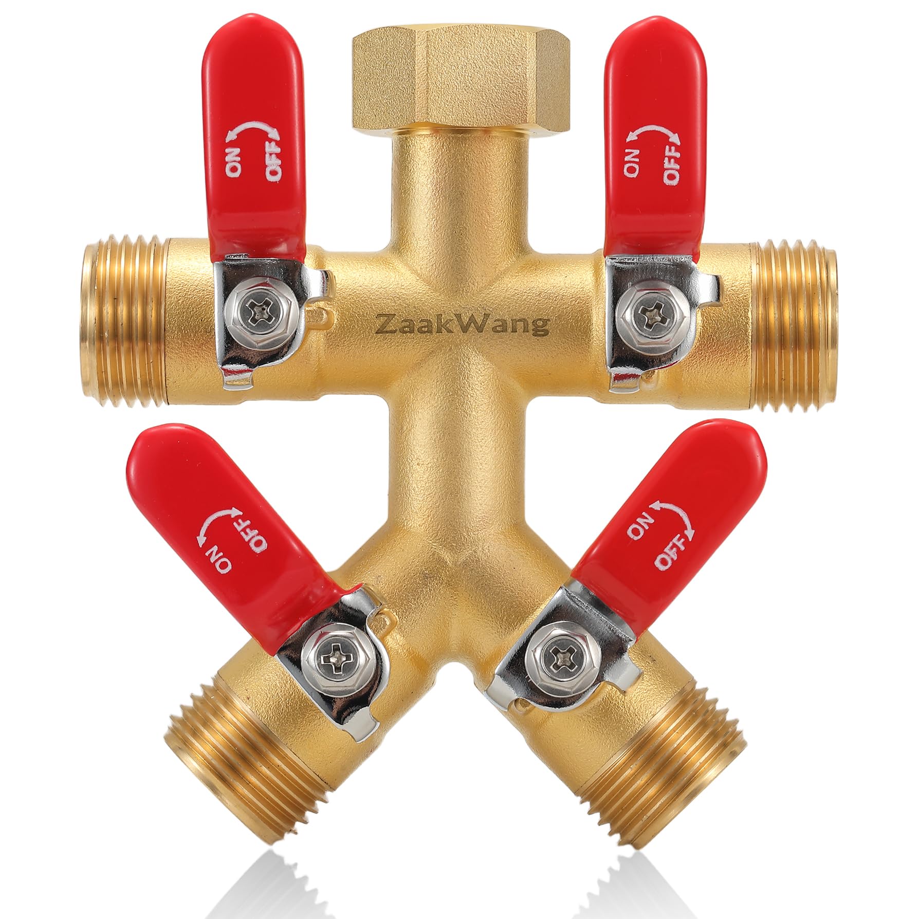 Photo 1 of Garden Hose Splitter, 4-Way Full Flow Outdoor Faucet, Heavy Duty Brass Hose Manifold Wiht Red Long Handle, High Flow Faucet Adapter, 3/4-Inch GHT