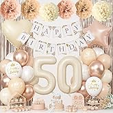 50th Beige Birthday Decorations for Women, Cream Foil Number 50 Neutral Heart Tan Star Balloons Boho White Gold Nude Balloons with Boho Happy Birthday Banner Fringe Curtain Paper Pom Poms Party Decor