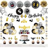 Gym Birthday Party Decorations, Hombae Fitness Themed Birthday Party Decorations Weight Lifting Bodybuilding Cross Fit Fan Pom Pom Glitter Banners Balloons Cake Cupcake Topper Grey Black Gold