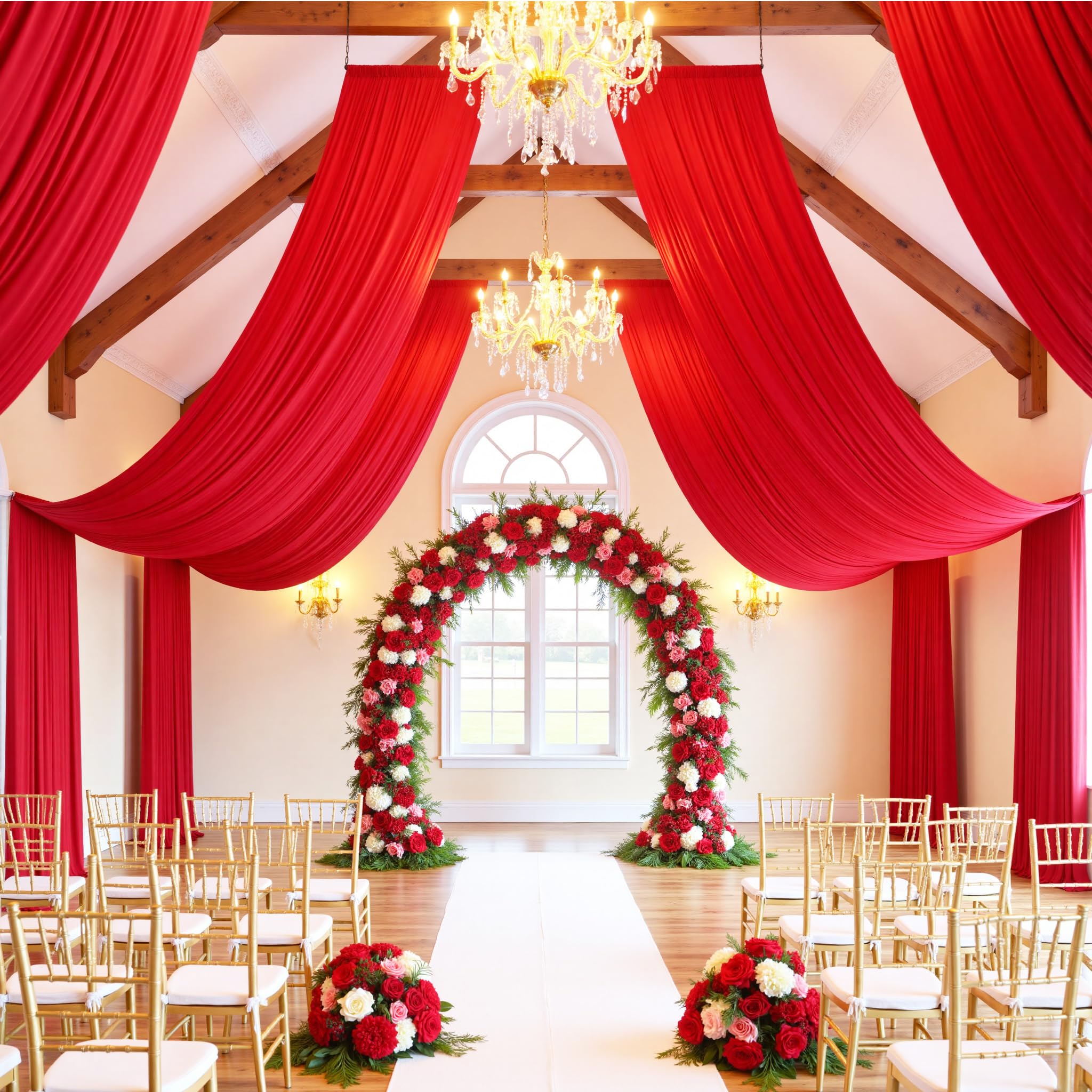 Photo 1 of 10ft×20ft Red Ceiling Curtain Drapes for Weddings Parties, Wrinkle Free Polyester Draping Fabric Red Drapery for Party Tent Canopy Hotel Banquet Hall Ceiling Decor-2 Panels 5×20ft