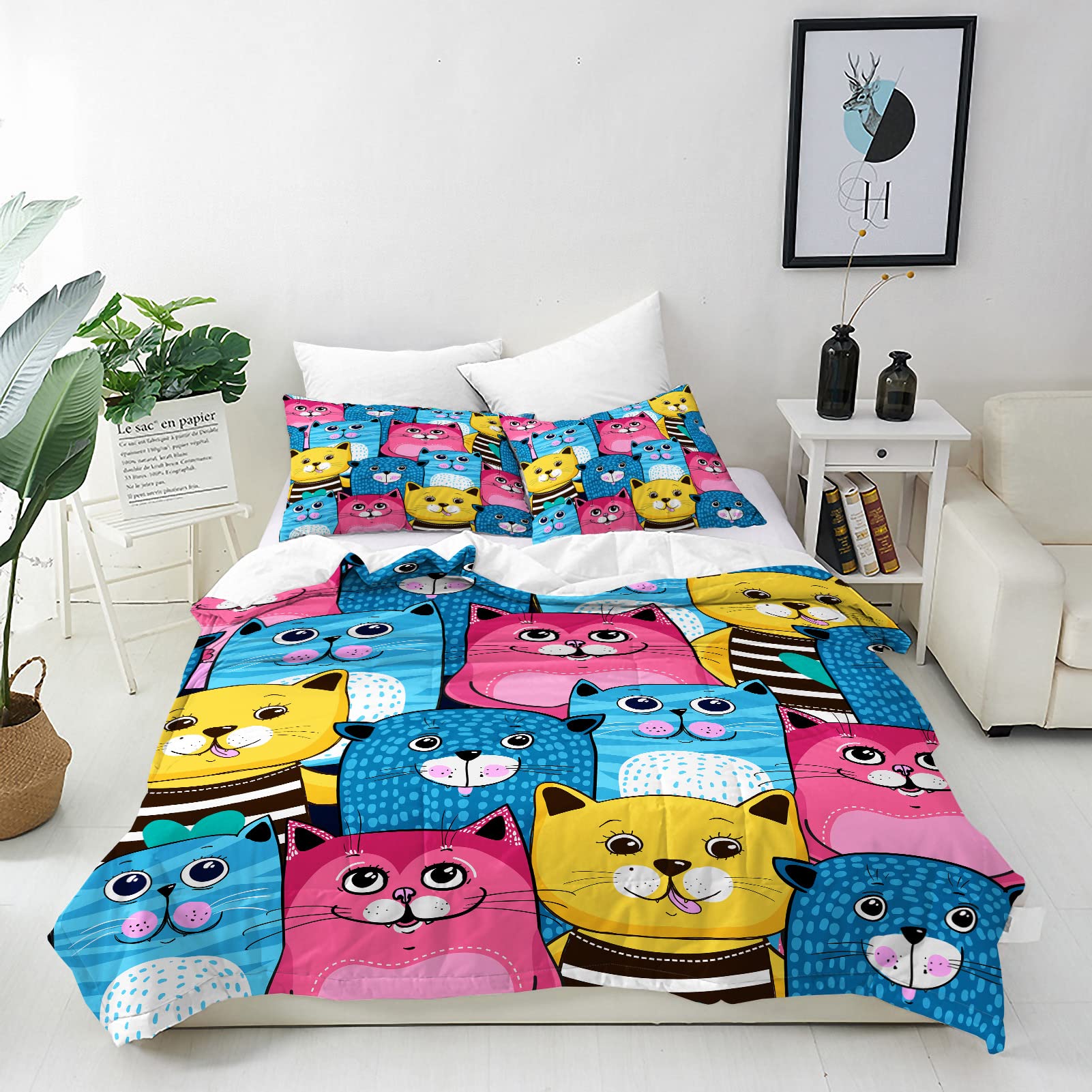 ANHOPE Cat Duvet Cover Set Soft Comforter Cover Cartoon Animal Cats Print Pattern 3 Piece Bedding Set with Pillowcase All Season Decor Quilt Cover with Zipper for Kids Adults Double Size