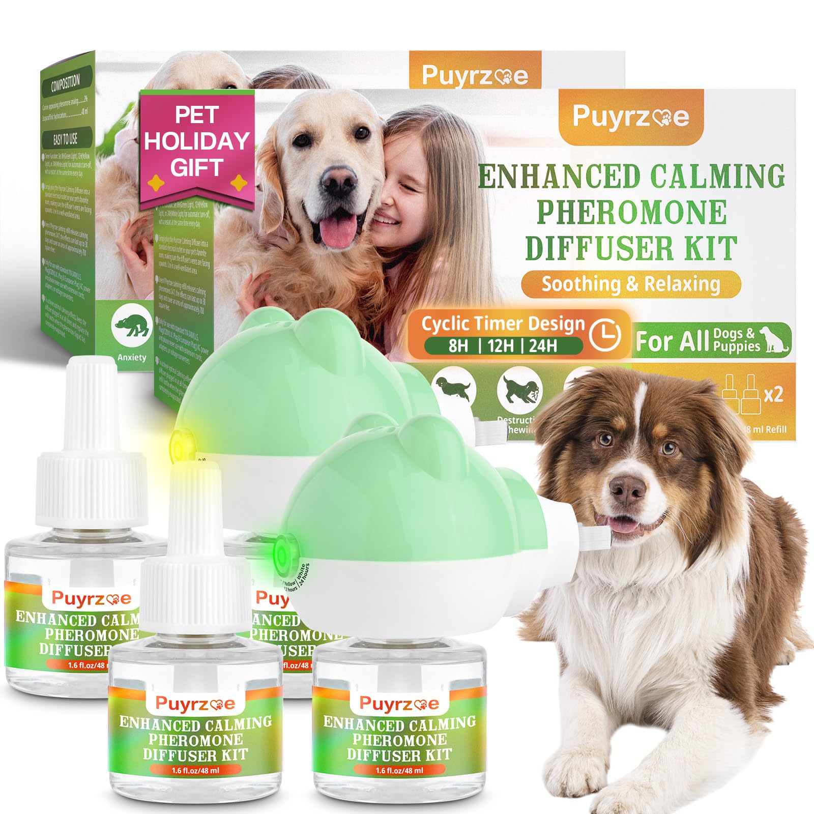 Photo 1 of puyrzoe Dog Calming Diffuser with Timing Functions, 6-in-1 Dog Anxiety Relief Diffuser Kit, 120-Day Anxiety Relief, Stress Relaxation Pheromones Calming for All Dogs (2 Diffusers + 4 Refills)