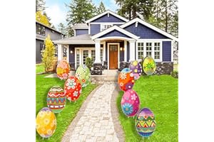 CINIQY 10 PCS Outdoor Easter Egg Decorations for Yard Lawn Patio Walkway, Large Colorful Easter Eggs Hunt Sign with Stakes, Waterproof Cardboard for Outside Decor, Easy to Install PVC Party Supplies