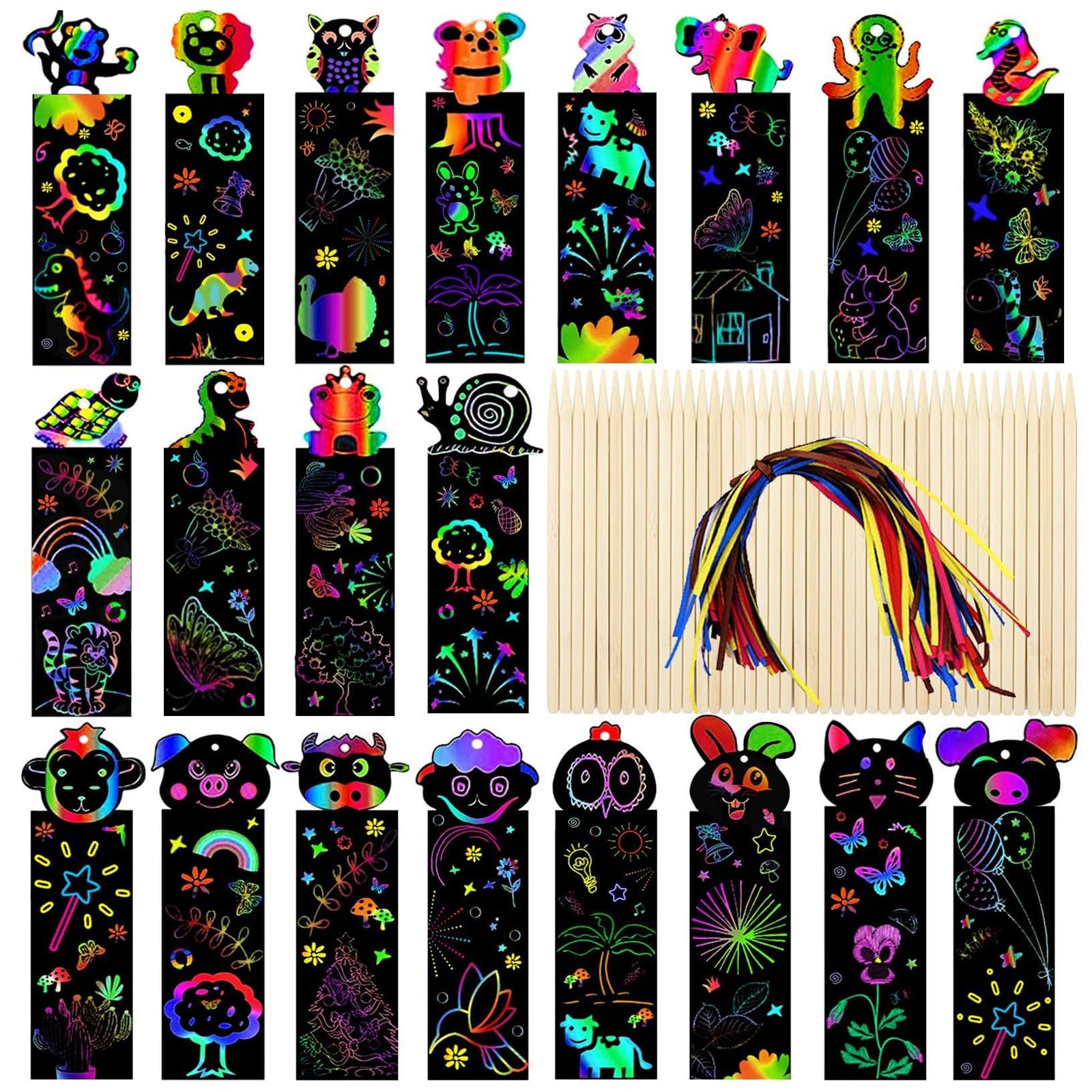 48 PCS Party Bag Fillers, Scratch Art, AnimalCraft DIY Scratch Art, Scratch Art Party Bag, Magic Rainbow Bookmarks with 24 PCS Wooden Stylus and 48 PCS Ribbons