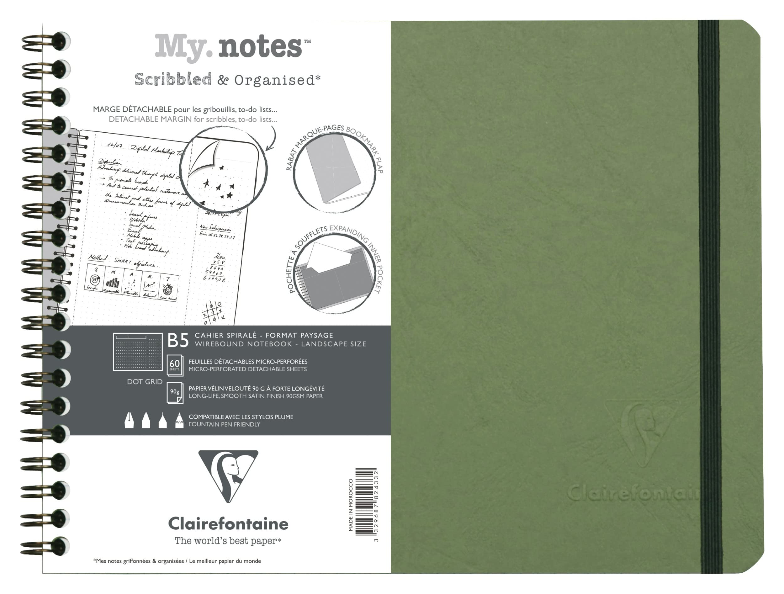 Clairefontaine 782433C Age Bag MyNotes Green Spiral Notebook w/ Margins - B5 25x19 cm - 120 Detachable Pages DOT - 90gsm White Paper - Grain Leather Card Cover