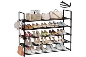 HOMICKER Metal Shoe Organizer,5 Tiers Shoe Storage Shoe Rack with Hooks,Fit 20-25 Pairs,Adjustable Shoe Shelf for Entryway,Hallway,Bedroom,Metal Bottom Support