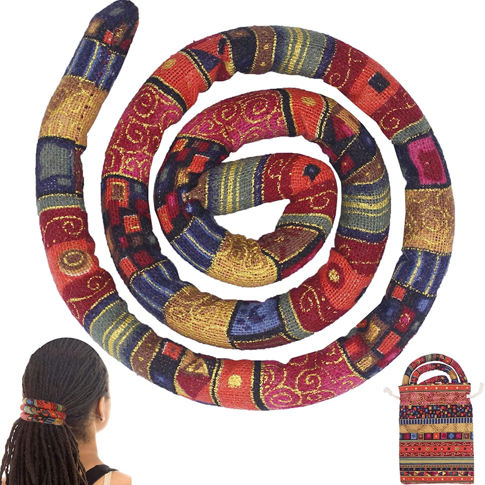 Spiral Lock Hair Tie Dreadlock Accessory Bendable Hair Ties for Women and Men Ponytail Holders Colorful Dreadlock Hair Tie Long Dreads Thick Curly Hair Holder (Red ethnic style) — image 1