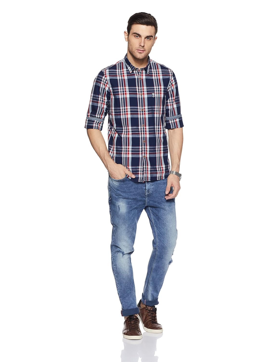 arrow jeans men's checkered slim fit cotton casual shirt