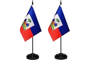BCLIN Haiti Desk Flag Set, 2 Pack Haitian Table Office Flags, Small Mini Desktop Flag With 12" Solid Black Pole, Black Base, Miniature Desktop Flag