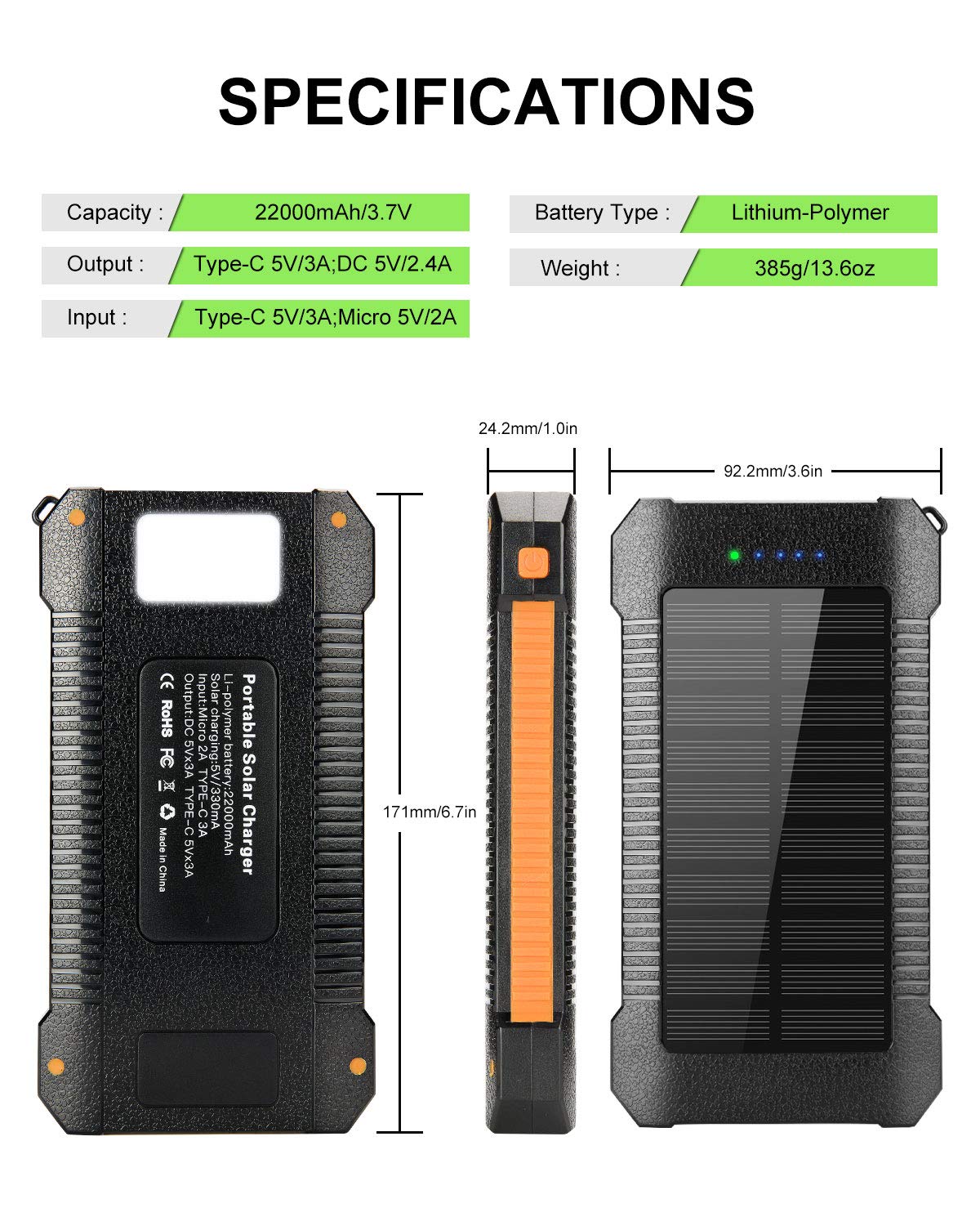 Solar Power Bank,Solar Charger 22000mAh Fast Charging Portable Phone Charger with Solar LED Light Android 3A+Type-C 3A Waterproof Dustproof Anti-Shock Cellphone Charger Large Capacity External Battery