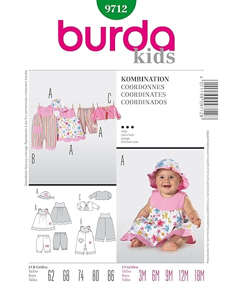 Burda 9712 Schnittmuster Overall Kleid Hose Jacke Hut (Baby, Gr, 62 - 86) Level 3 mittel
