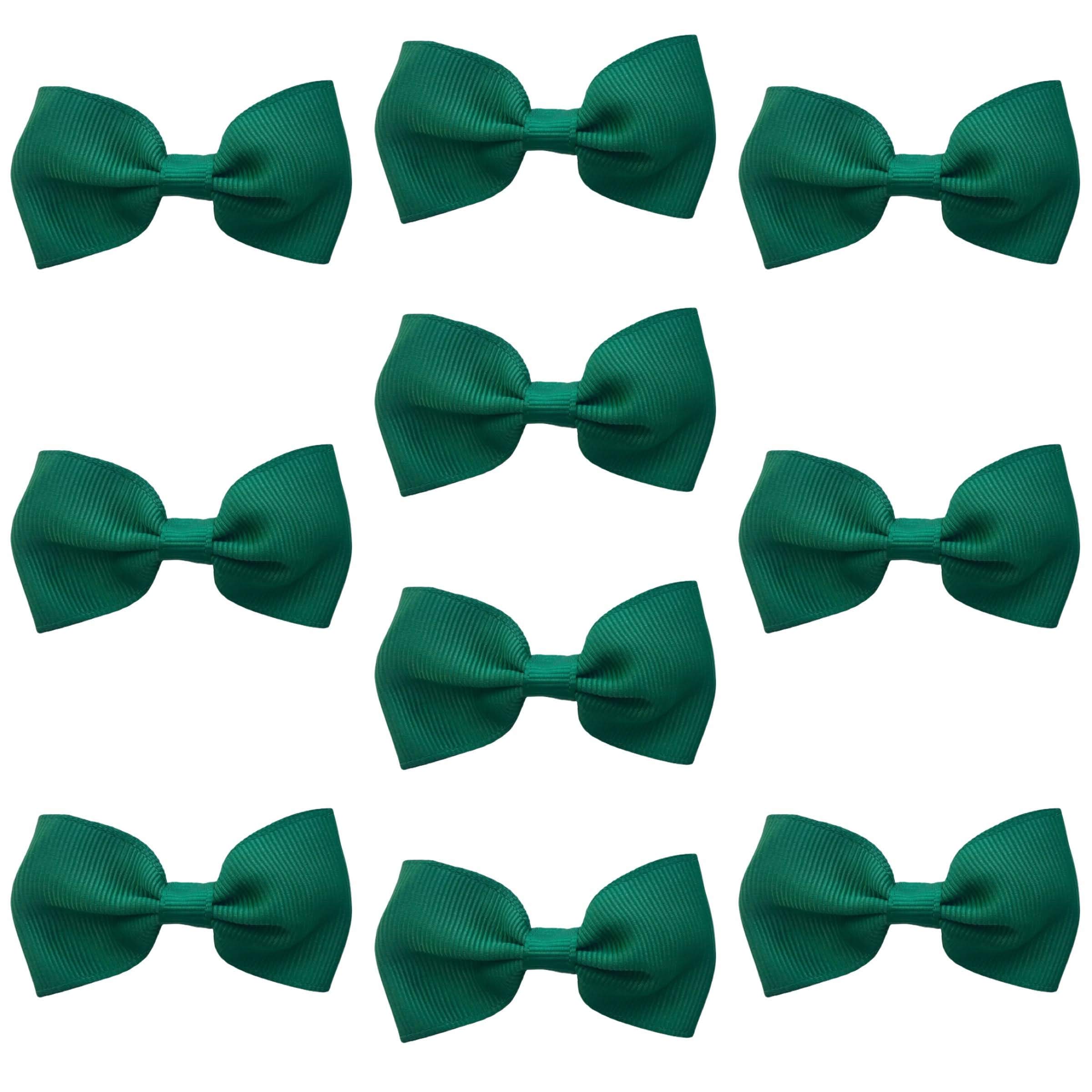 Dark Green Hair Bows Clips Slides Grips 2.7" inch Soft Ribbon Small Straight School Hairbows for Girls 10pcs