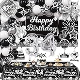 Miidenks 34th Birthday Decorations Set for Men Women, Black Silver Happy 34 Party Decor with Backdrop, Banner, Tablecloth, 34 Number Foil Balloons for Her Him