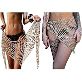 Cooriho Women Hollow Out Crochet Cover Up Triangle Shawl Wrap Scarf Sarong Fishnet Skirt with Shells/Sequin