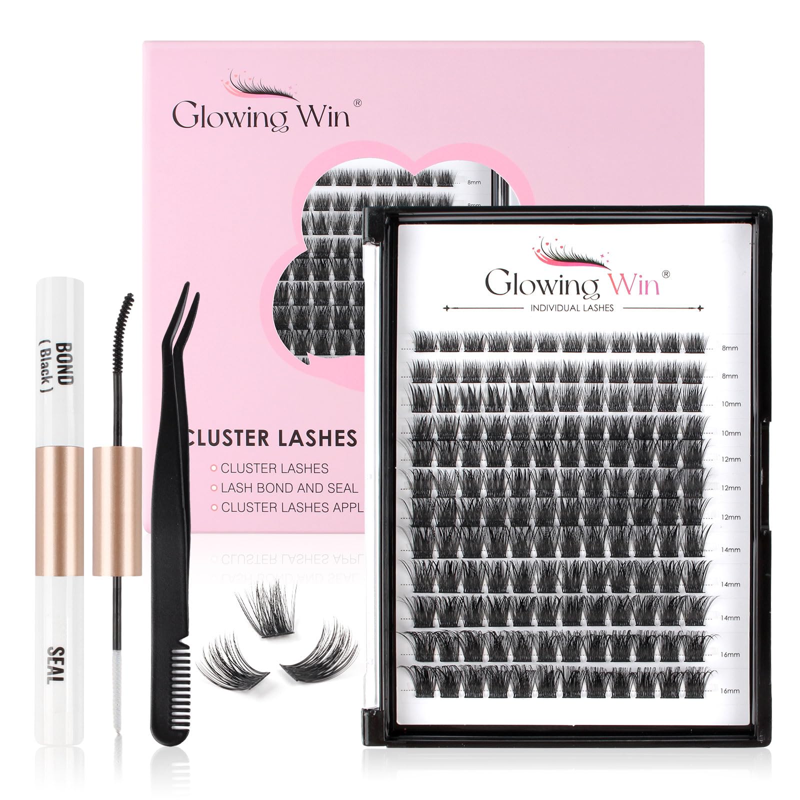 Glowing Win Cluster Eyelash Extension Kit with Bond & Seal and Tweezers - 144PCS Reusable Natural Lash Clusters 8-16mm False Individual Eyelashes — image 1