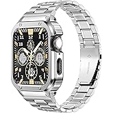 MioHHR Stainless Steel Watch Band with Case Compatible with Apple Watch Ultra3/2/1 Series 11 10 9 8 7 6 5 4 3 2 1 SE3/2/1, Metal Strap with Protective Cover for iWatch 49/46/45/44/42/41/40/38mm Men