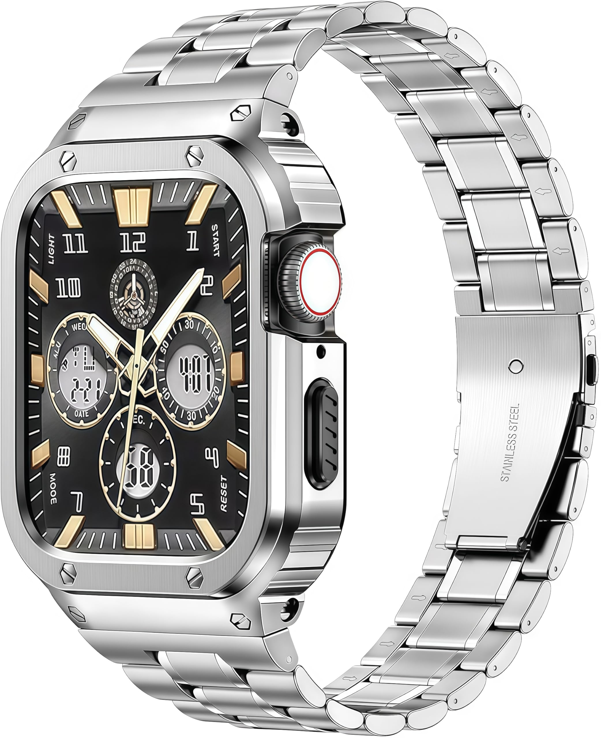 MioHHR Stainless Steel Watch Band with Case Compatible for Apple Watch Bands 38/40/41 mm,Rugged Strap with Metal Protective Bumper Cover for iWatch Series 9/8/7/6/5/4/SE/3/2/1 for Men(Silver)