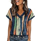 Zeagoo Womens Summer Tops Rolled Short Sleeve V Neck Shirts Casual Dressy Business Work Blouses Outfits