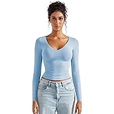 SUUKSESS Women Double Lined Casual V Neck Crop Tank Tops Basic Long Sleeve Shirts