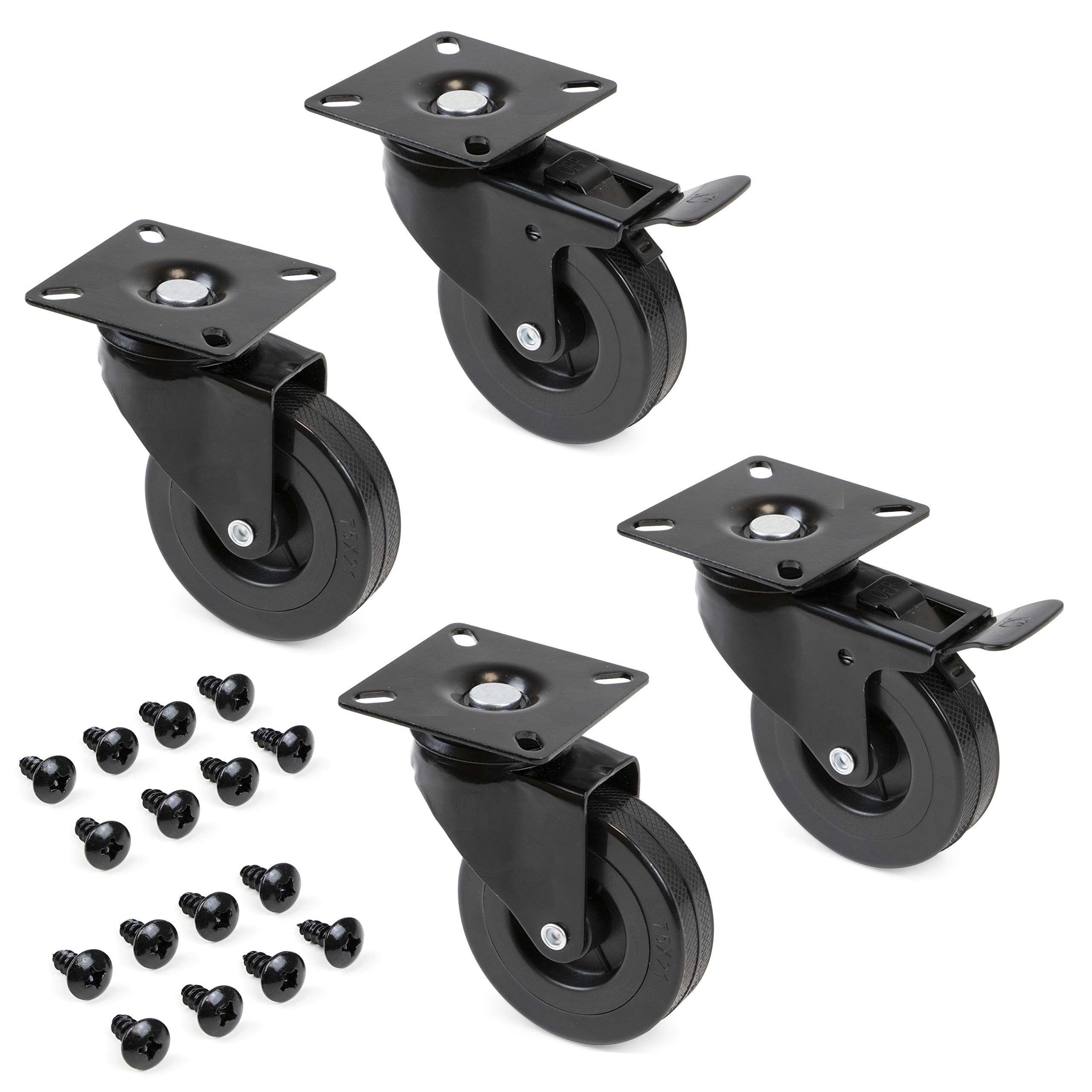 Emuca - Pack of 4 swivel castors for furniture Ø75mm (Ø2,95 inch) with fixing plate and ball bearings, rubber caster wheels in black colour.
