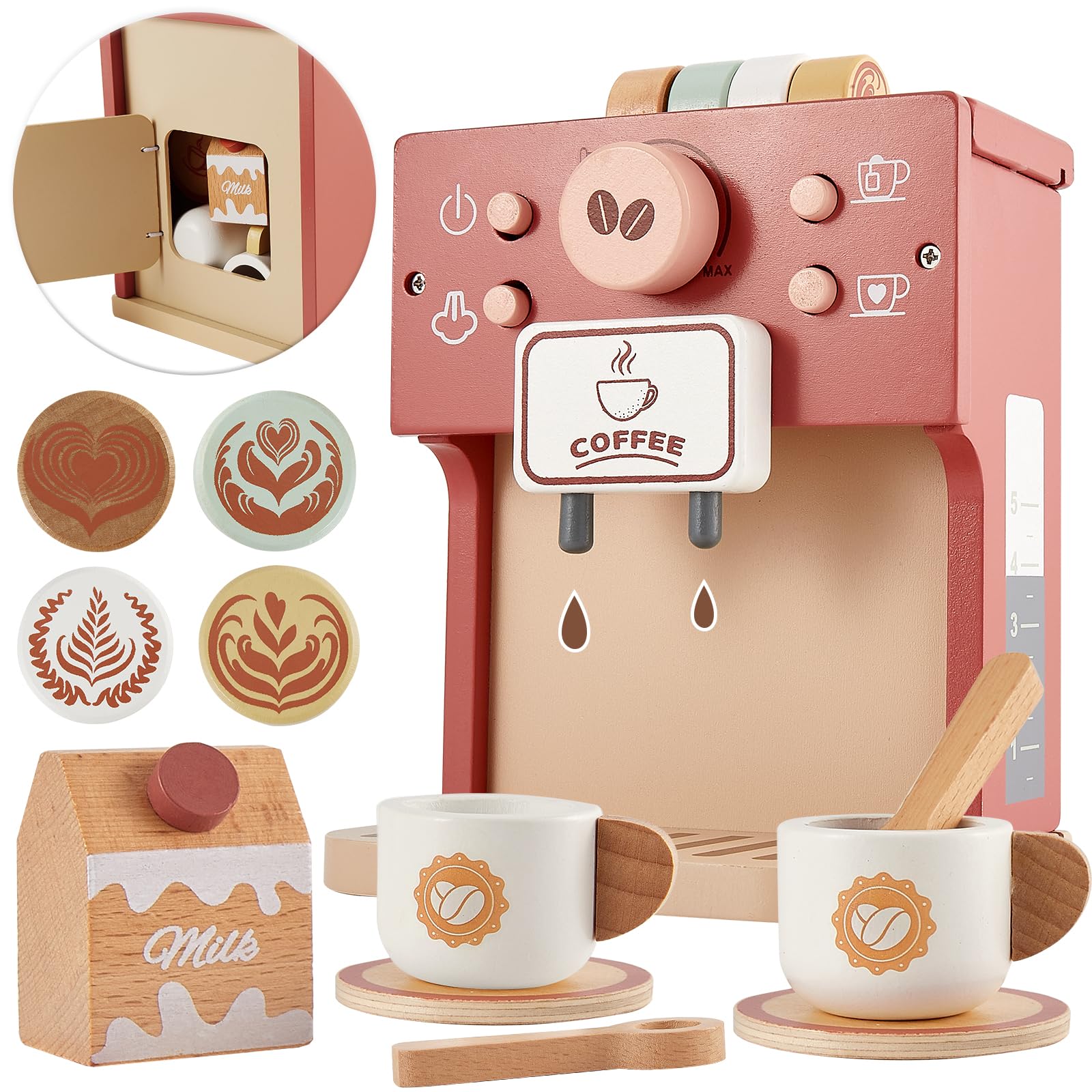 BUYGER Kids Wooden Coffee Machine Toy, Pretend Play Kitchen Appliances Accessories Coffee Playset Role Play Toys Gifts for 3 4 5 Years Olds Kids Boys Girls