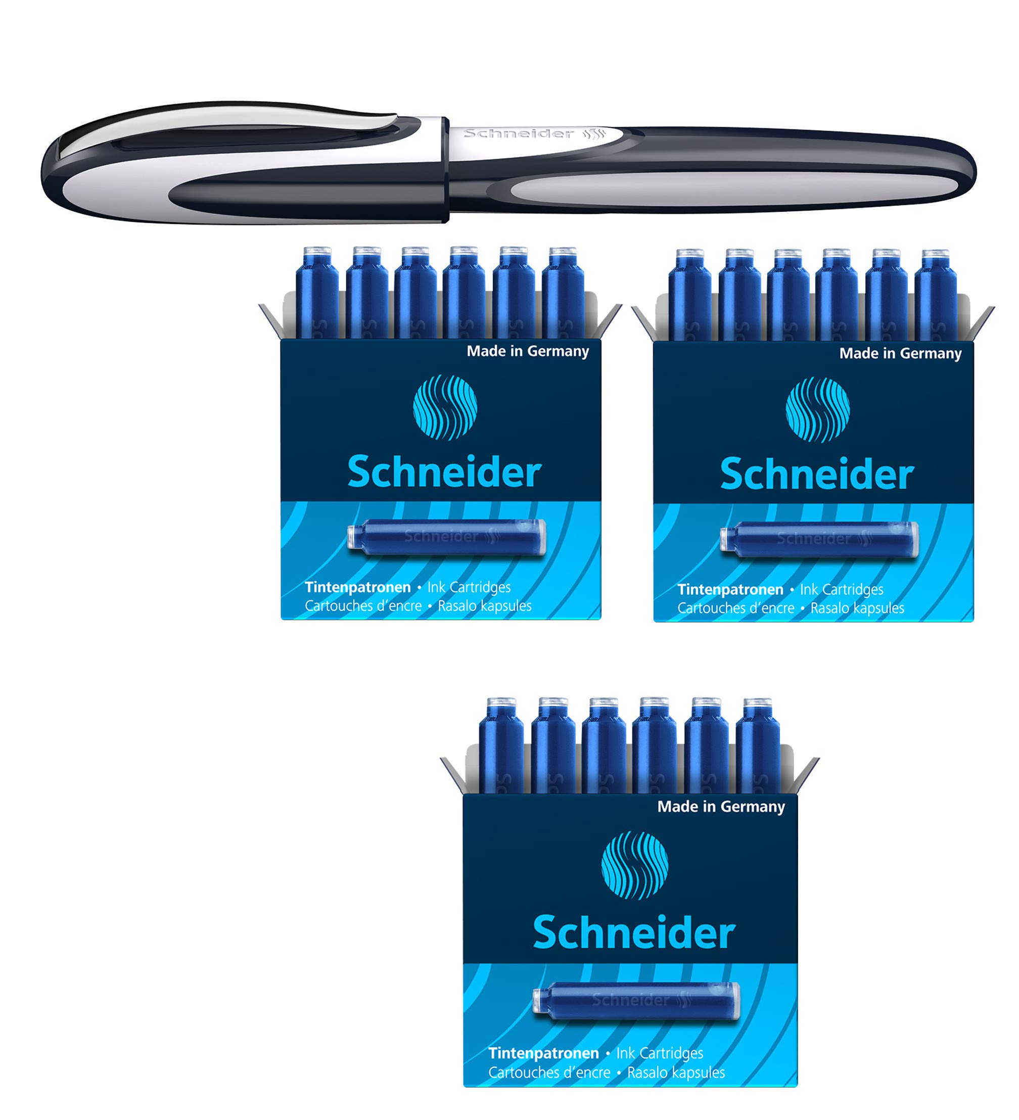 Schneider Ray Rollerball Pen with Stainless Steel Tip Includes 1 + 18 Blue Ink Cartridges Made in Germany (Blue/Grey) Rollerball Pen + 18 Extra Cartridges