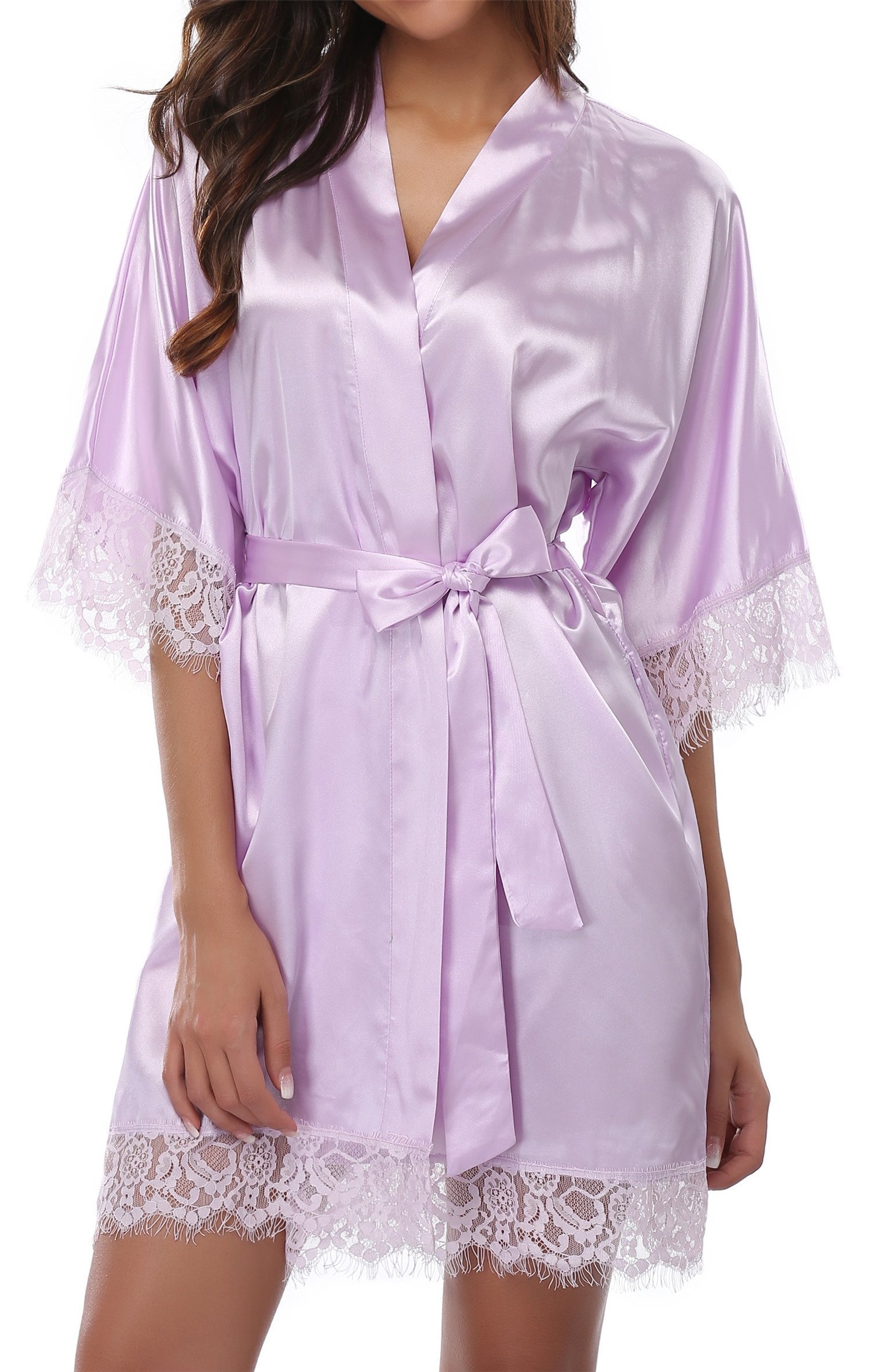 Giova Womens Lace Trim Kimono Robe Nightwear Nightgown Sleepwear Satin