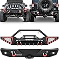 OEDRO Front & Rear Bumpers Fit 2007-2018 Jeep Wrangler JK Unlimited, Rock Crawler Off Road Full Width with & Paintable Armor & Winch Plate Mounting & D-Rings & Hitch Receiver & 2 X LED Lights