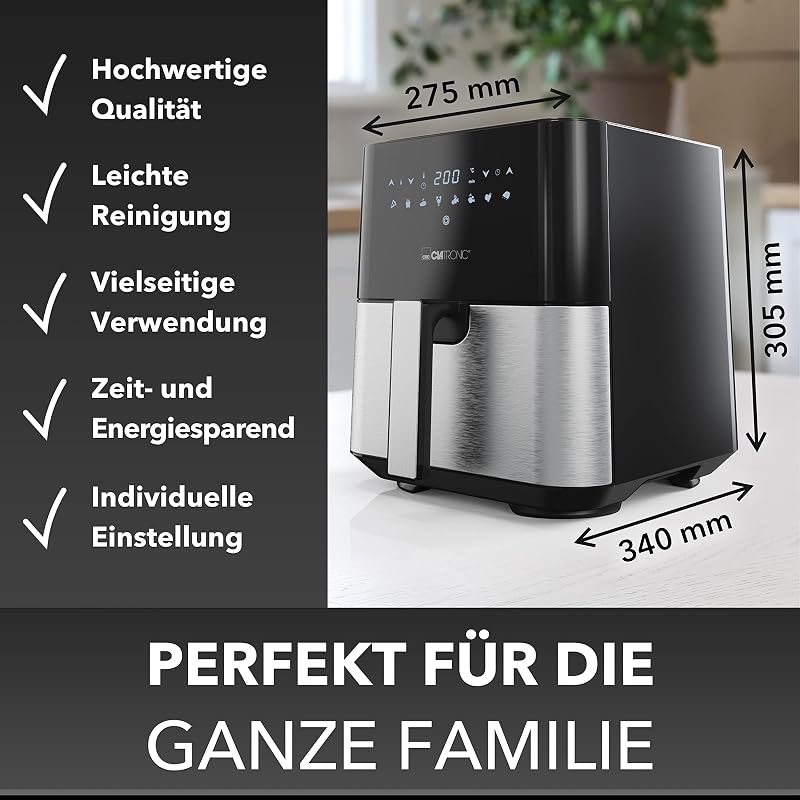 ® Heißluftfritteuse XXL - 5L Fritteuse | Heißluft für fettfreies frittieren| Edelstahl-Airfryer mit digitalem Touchscreen | 360° Air-Flow | Heißluft-Friteuse mit 8 Programmen | FR 3782 H — Foto 6 von 8