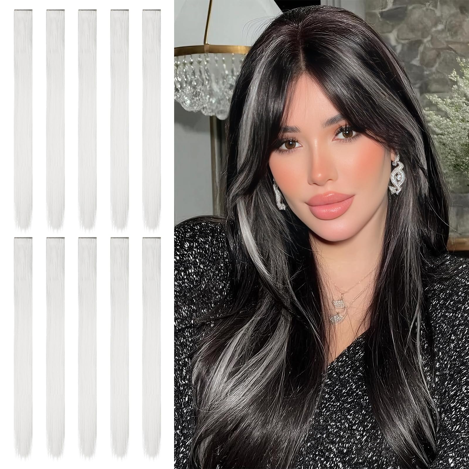 Sofeiyan Colored Hair Extensions Straight Hairpiece 22 Inch 10 Pcs Colorful Clip in Hair Extensions Synthetic Colored Party Highlights for Women, Silver Gray — image 1
