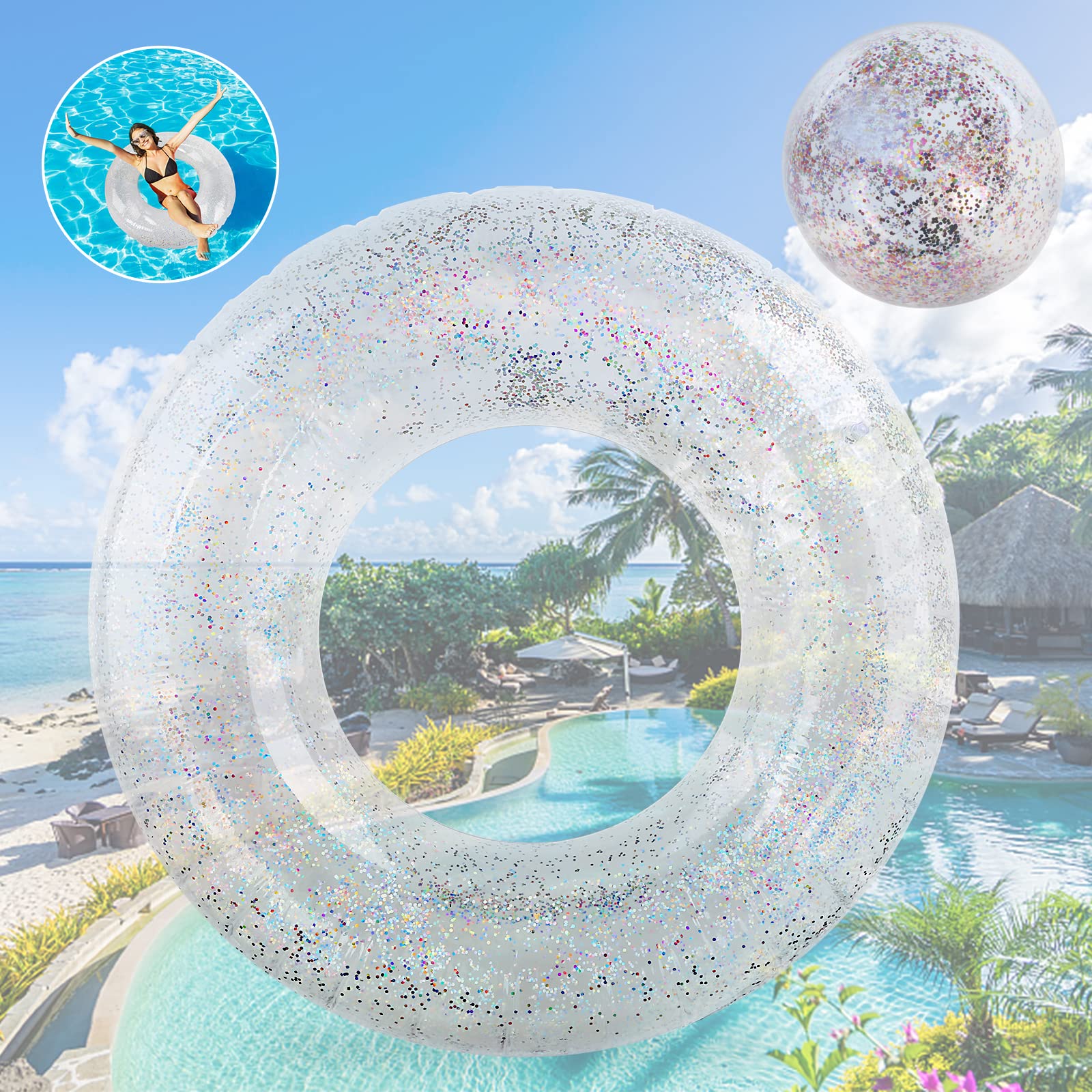 Pukitt 2Pcs Swimming Ring Adults, Colorful Sequins Swim Ring With Beach ball, Transparent Floating Ring, Durable Inflatable Pool Floats, Swimming Ring Tube For Summer Pool Party And Water Sports