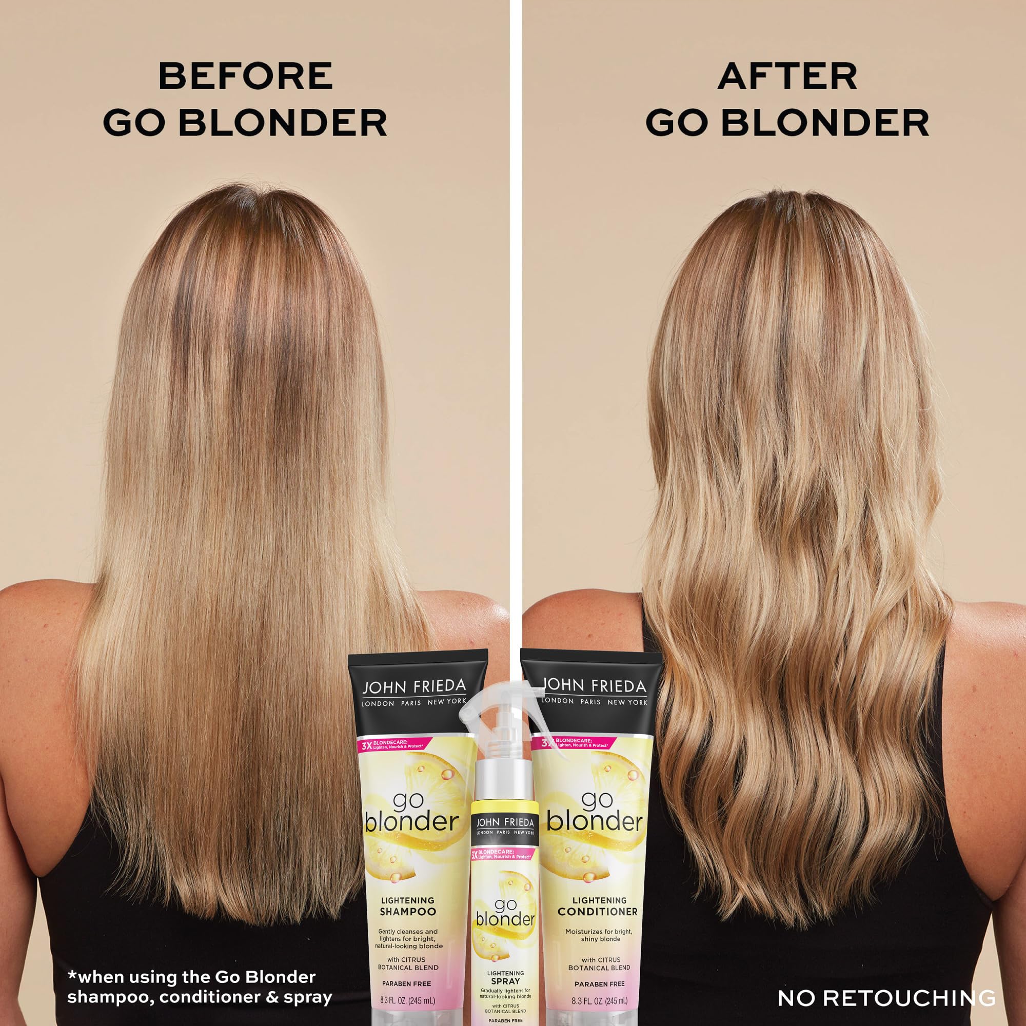 John Frieda Go Blonder Lightening Shampoo for Blonde Color-Treated Hair, Paraben, Phthalate, Silicone and Ammonia Free, Cruelty Free, Vegan Friendly Shampoo 8.3 oz Bottle