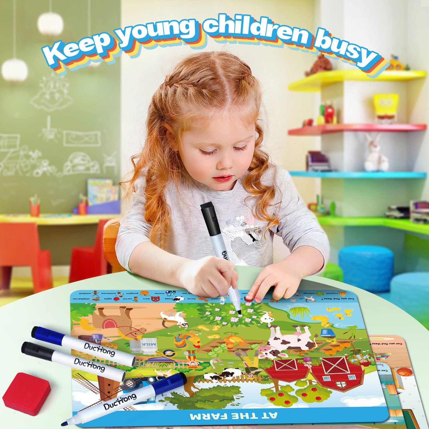 Reusable Preschool Learning Activities, Search and Find Cards with 4 Markers and 12 Themes Mats, Educational Toys for Kids Ages 4-6,3-8, Travel Games Gifts for Girls and Boys Ages 3 4 5 6