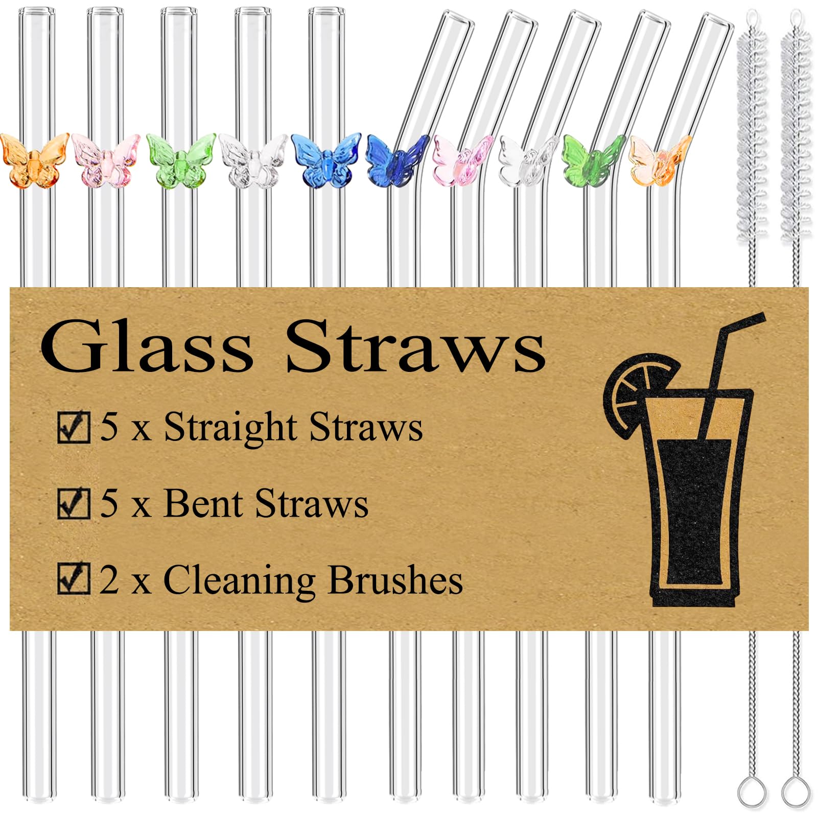 Photo 1 of 10 Pack Reusable Glass Straws Set, Clear Glass Drinking Straws, 8.5''x10MM, Creative and Cute Butterfly Straw with Cleaning Brush, Perfect for Smoothies, Milkshakes, Juice, Tea, Milk
