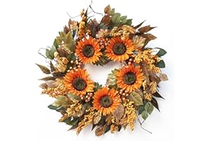 Pinkpuii Fall Wreaths for Front Door 22 Inch- Artificial Silk Autumn Sunflower Wreath,Full&Realistic Fall Door Wreath with Fall Leaves and Yellow Berries- Indoor Outdoor Farmhouse Home Harvest Decor