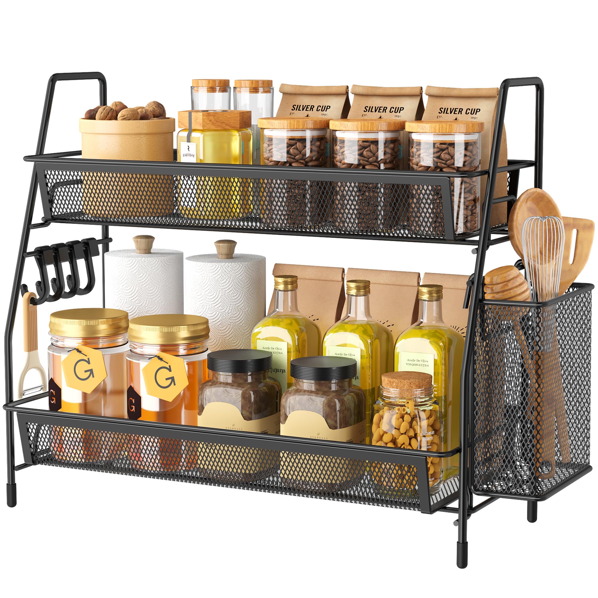 VITVITI Spice Racks, 2 Tier Cupboard Shelf Organiser with 4 Hooks and Side Basket, Kitchen Essentials for Accessories Storge, Desktop Organizer for Kitchen, Dining Room, Office - Black