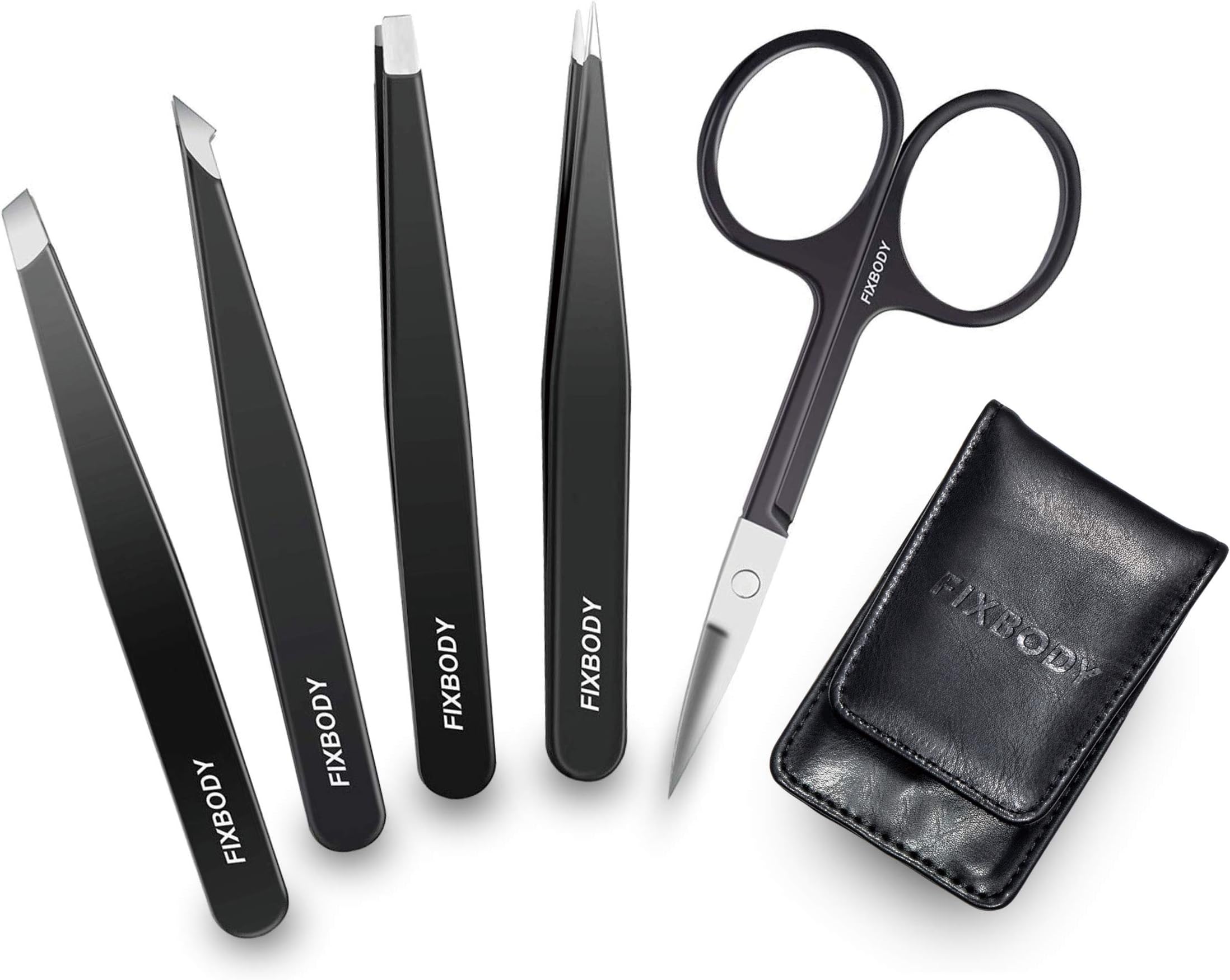 FIXBODY Tweezers Set 5-Piece - Professional Stainless Steel Tweezers with Curved Scissors, Best Precision Tweezer for Eyebrows, Splinter & Ingrown Hair Removal with Leather Travel Case