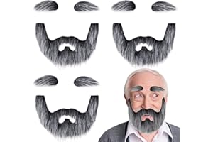 Jnnzzggu 4 Pcs Self Adhesive Fake Eyebrows Beard, Fake Beard with 4 Pairs of Eyebrows,Black with White Fake Mustache,Artficial Moustache Kit for Halloween or Masquerade Costume Party