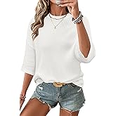 Arach&Cloz Womens 100% Cotton 3/4 Length Sleeve Sweater Crochet Tops Shirts Casual Blouses Resort Wear Summer 2026